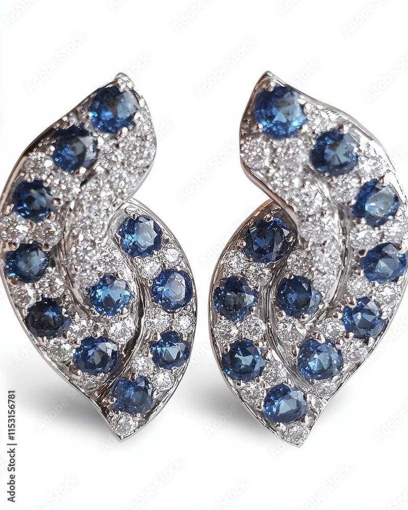 Elegant silver earrings adorned with blue gemstones, featuring a captivating swirling design. Elegant silver earrings adorned with blue gemstones, featuring a captivating swirling design.