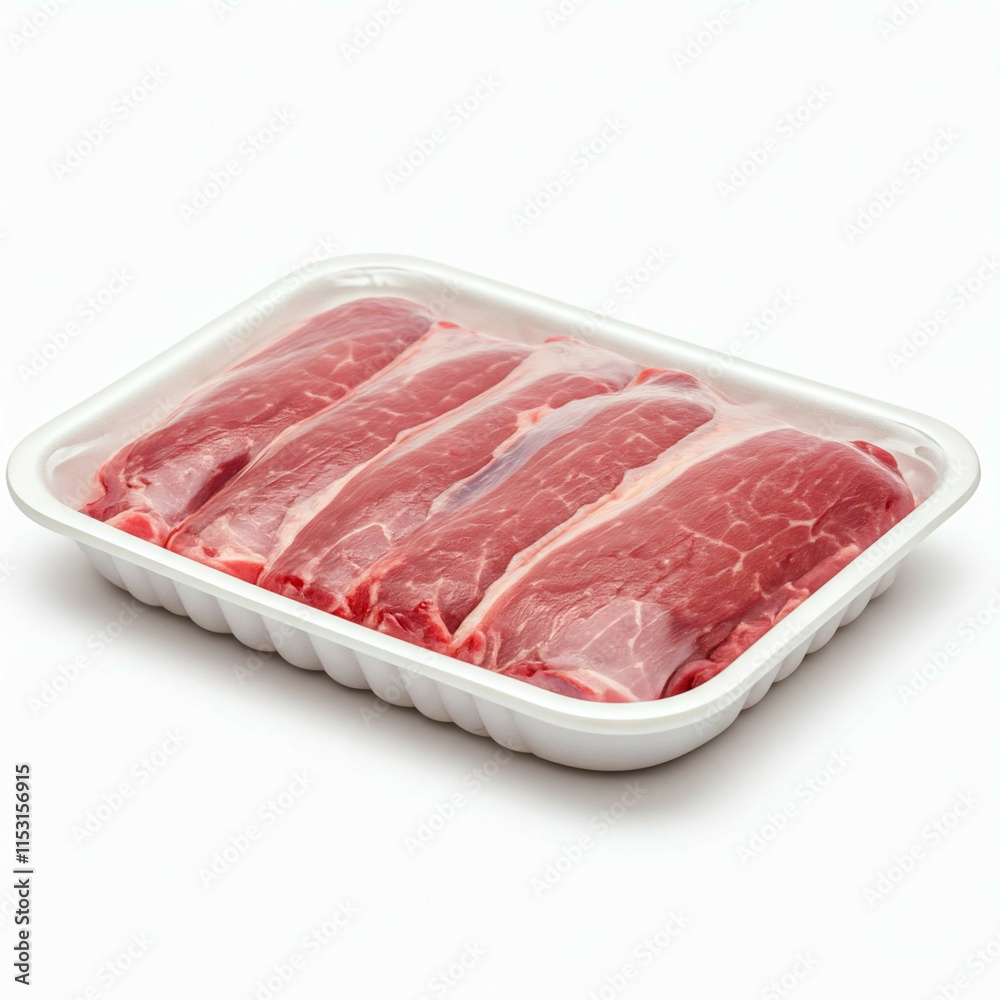raw red meat steaks in styrofoam packaging on white background raw red meat steaks in styrofoam packaging on white background