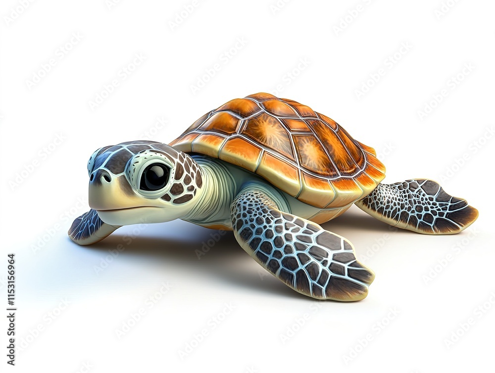 Obraz premium Adorable 3D cartoon baby sea turtle, playful and colorful, on a clean white background. 