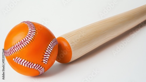 An orange baseball with stitched details next to a wooden bat on a white background. photo