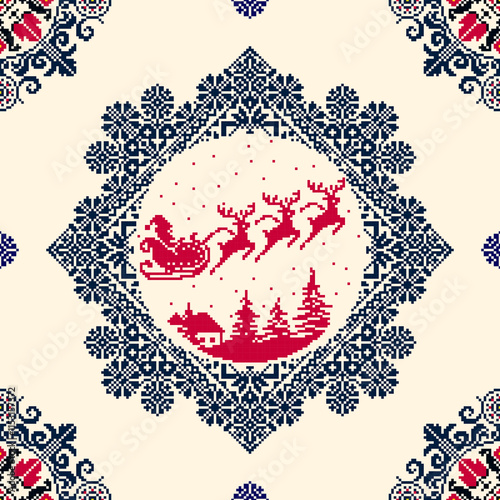 Square seamless legendary Christmas traditional pixel Geometric ethnic pattern.Ukrainian, Romanian, Slavic ornament style.Vector for tile, textile, mosaic, ceramic, patchwork, cross-stitch, embroidery