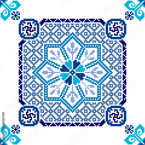 Square seamless Floral traditional Ukrainian pixel Geometric ethnic pattern. Romanian, Vyshyvanka, Slavic ornament style. Vector for tile, textile, mosaic, ceramic, patchwork, cross-stitch, embroidery