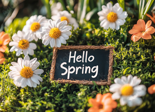 spring background with green grass and flowers, sunny day, spring theme, "Hello, spring".