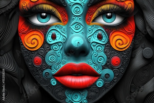 A striking abstract representation of a woman's face, featuring vibrant blue and orange swirls, creating an intriguing and artistic effect.