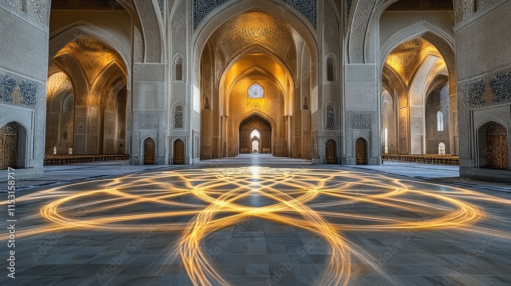 Obraz premium A grand architectural interior featuring intricate arches and illuminated patterns on the floor.