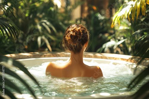 Woman receiving hydromassage in verdant tropical setting, experiencing serene wellness amid lush greenery and tranquil spa environment