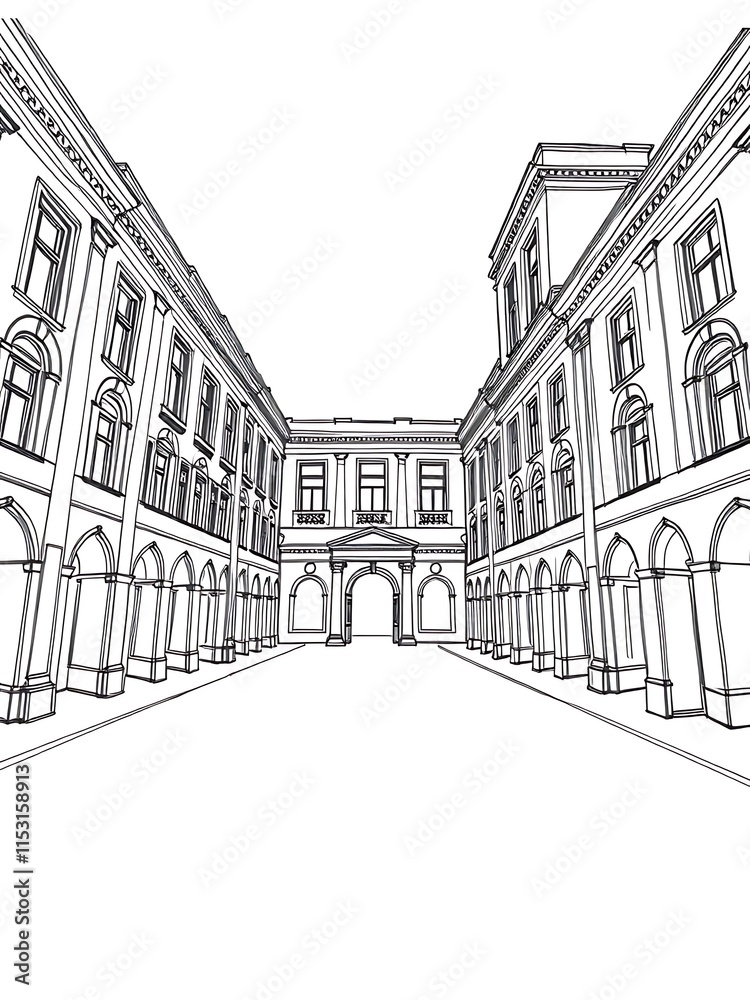 Elegant Architectural Line Drawing: Precisely Rendered Courtyard Perspective. AI Generated Elegant Architectural Line Drawing: Precisely Rendered Courtyard Perspective. AI Generated