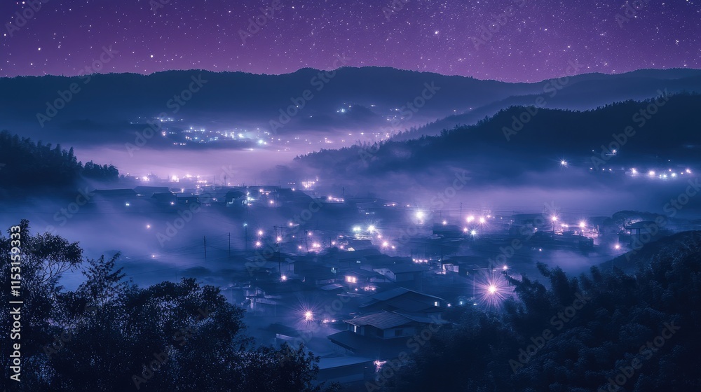 Naklejka premium Nighttime Village Nestled In Misty Mountains Under Starry Sky