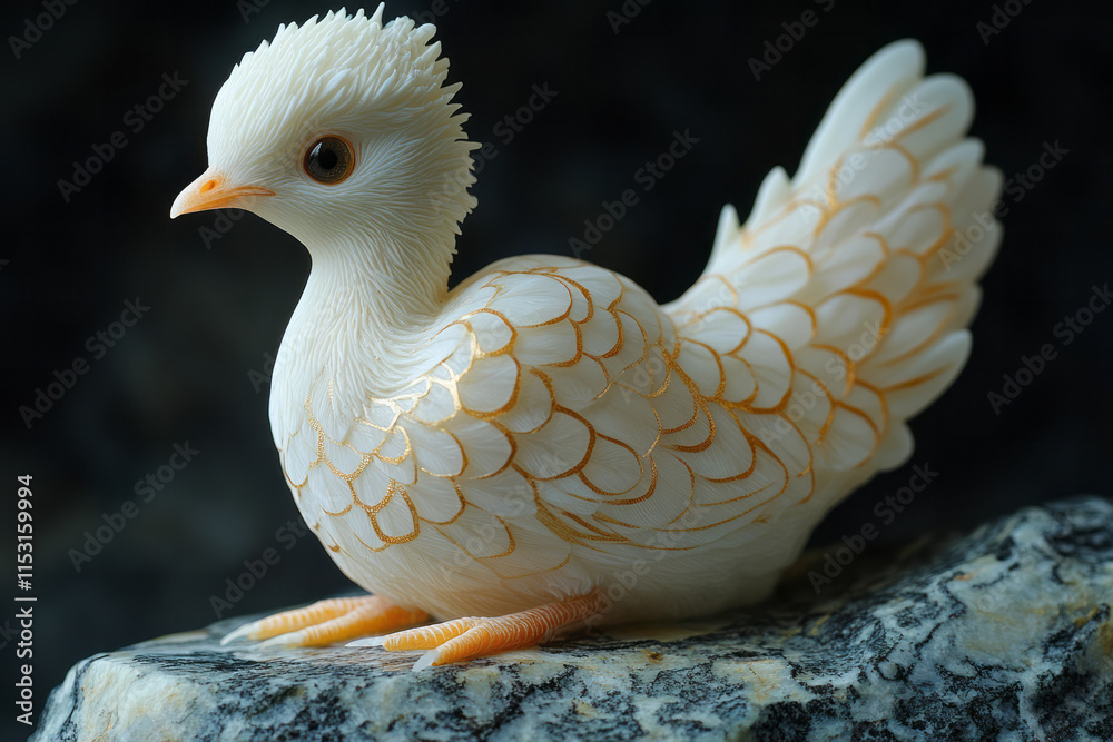 Obraz premium A peacock chick sculpted from marble, with golden veins accentuating its tiny, fluffy body,