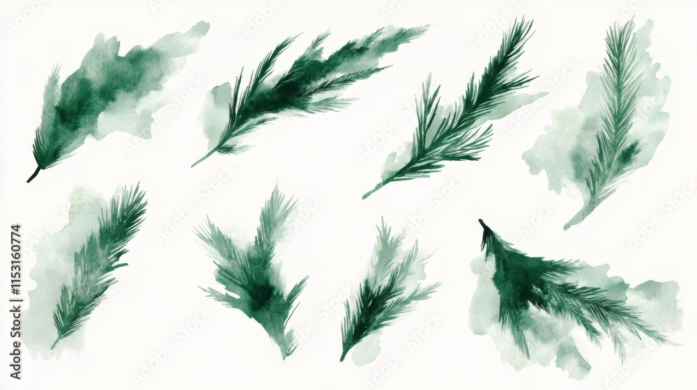 Watercolor Pine Branches - Elegant Botanical Illustration Watercolor Pine Branches - Elegant Botanical Illustration