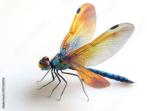 Vibrant dragonfly with colorful wings, isolated on a clean white background.