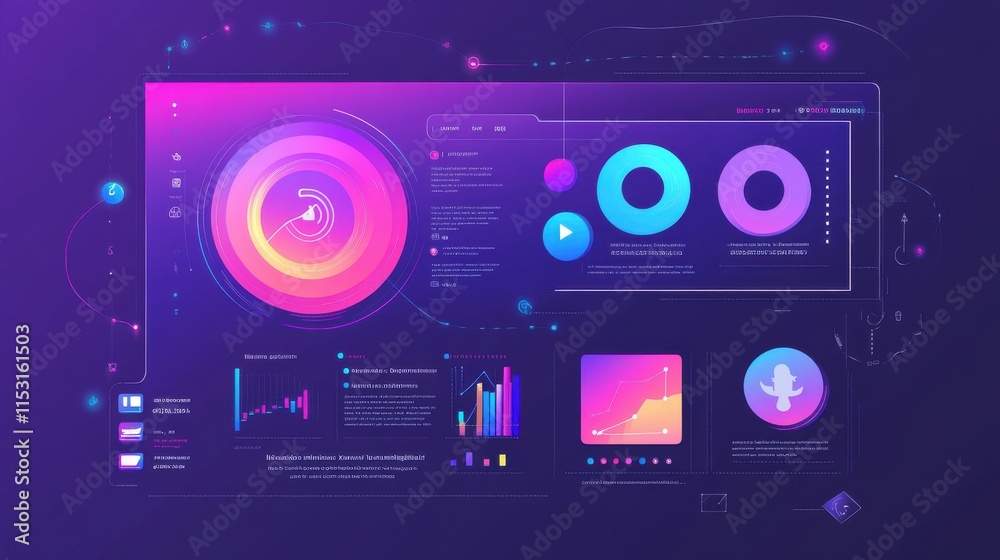 Fototapeta premium A vibrant abstract digital interface showcasing data visualization and interactive elements in purple and pink hues.