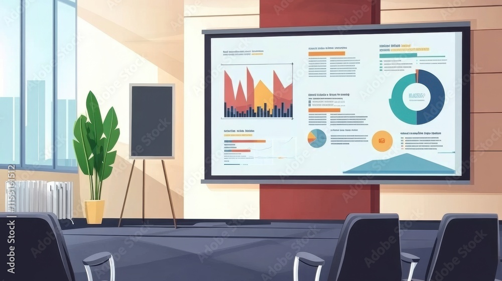 Modern meeting room with a presentation screen displaying colorful data visualizations. Modern meeting room with a presentation screen displaying colorful data visualizations.