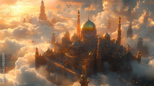 A digital painting of a magnificent city in the clouds during sunset. The city is golden and detailed, with intricate architecture. photo