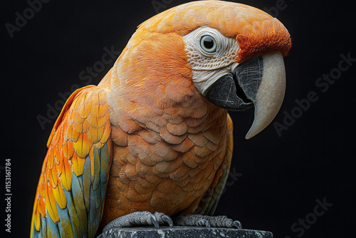 A macaw chick sculpted from marble, with golden veins accentuating its tiny wings and beak, photo