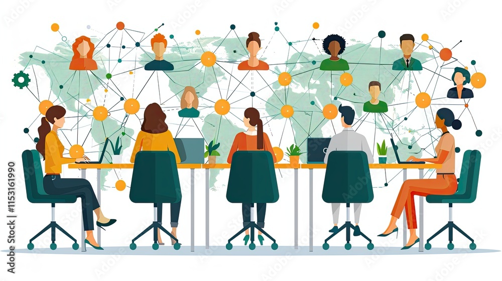 Colleagues video conferencing in small, colorful windows, linked by dotted lines to show connectivity