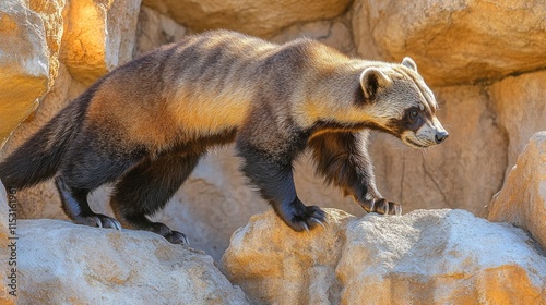 A wolverine climbing on rocky terrain, showcasing its agility and natural habitat. photo