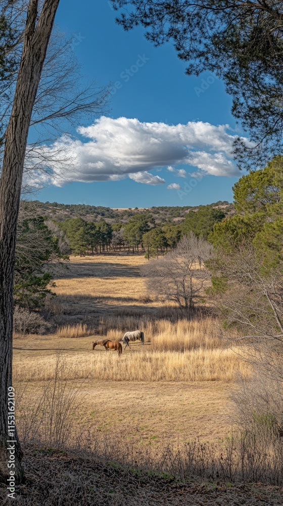A serene landscape featuring a field, trees, and horses under a blue sky with clouds. A serene landscape featuring a field, trees, and horses under a blue sky with clouds.