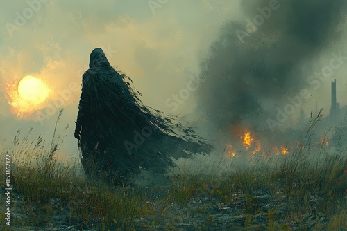 A cloaked figure stands against a fiery landscape at dusk, embodying a haunting presence in a desolate setting. photo