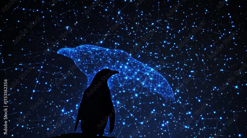 Fototapeta premium Penguin. A grid of blue stars in the night sky. Glowing dots create the shape of a penguin