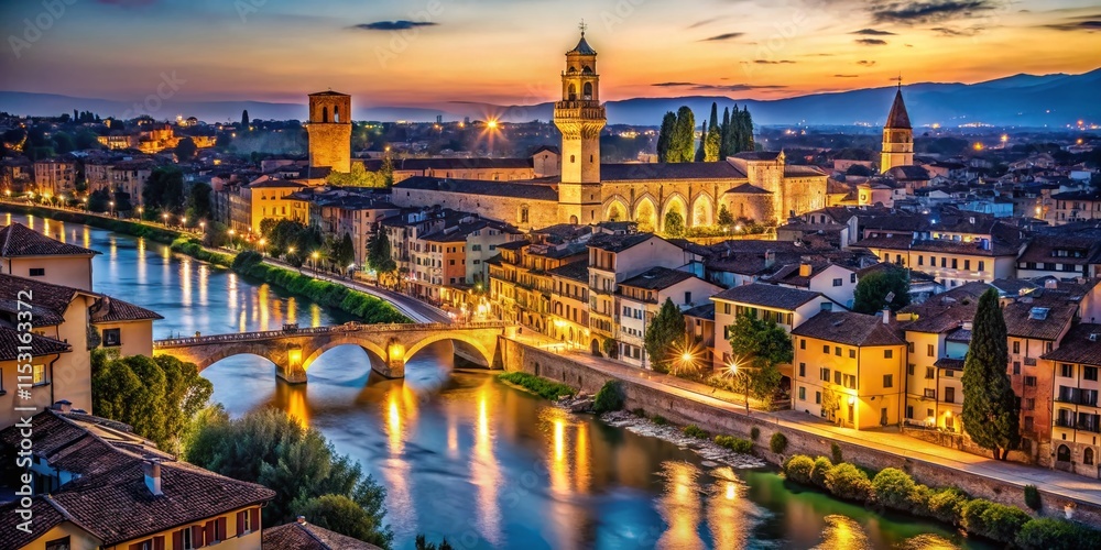 Obraz premium Illuminated Verona Nightlife: Romantic Italian Cityscape at Dusk