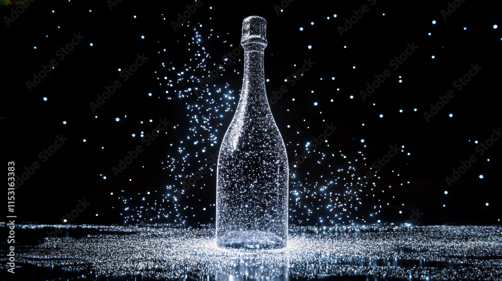 Fototapeta premium Hologram champagne. Holographic projection of a bottle of champagne. Flickering energy flux of particles. Scientific design drinks.