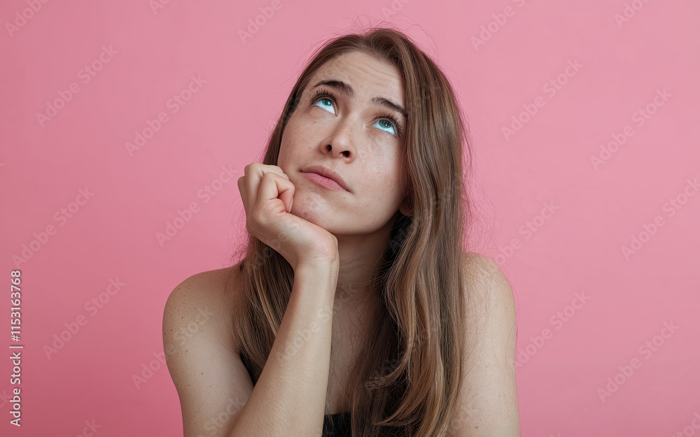 Woman with Long Brown Hair, Posing with Hand Under Chin, Looking Upwards Thoughtfully Against a Solid Pink Background. Woman with Long Brown Hair, Posing with Hand Under Chin, Looking Upwards Thoughtfully Against a Solid Pink Background.