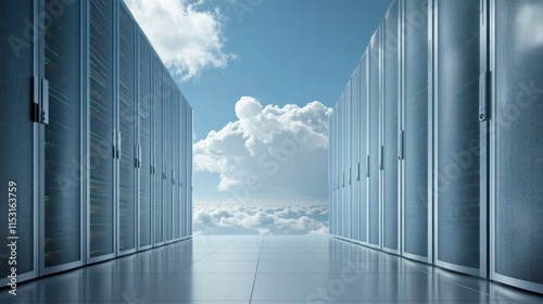 Server Racks Leading to a Cloudy Sky