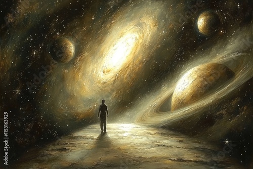 A lone figure stands in awe beneath swirling galaxies, with distant planets illuminating the cosmic landscape.