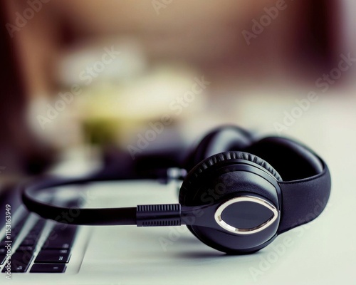 Close-up of black headphones on a desk beside a laptop, creating a sleek and modern workspace vibe. photo