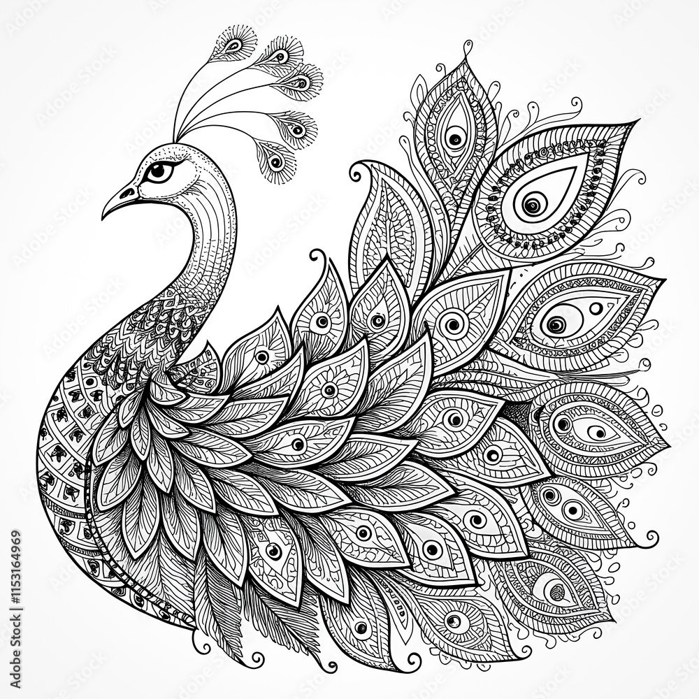 Fototapeta premium Intricate Black and White Peacock Illustration with Mandala-Inspired Feather Patterns