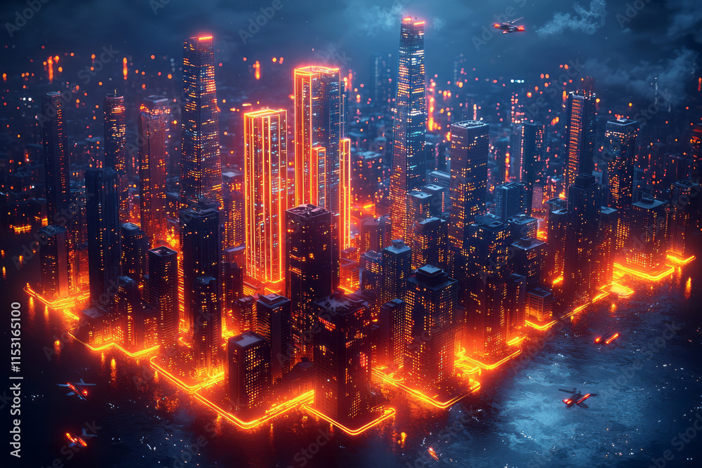 Isometric futuristic cityscape with glowing skyscrapers and flying cars, Isometric futuristic cityscape with glowing skyscrapers and flying cars,