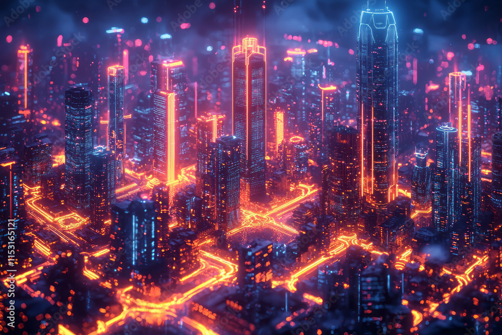 Fototapeta premium Isometric futuristic cityscape with glowing skyscrapers and flying cars,