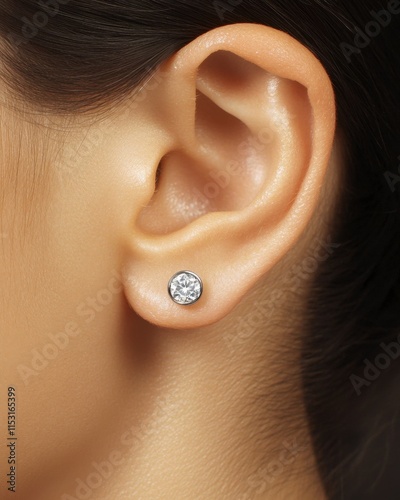 Close-up of a female's ear featuring a sparkling diamond stud earring, highlighting elegance and sophistication.