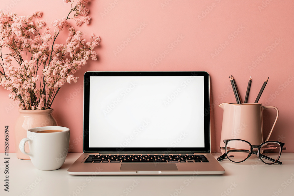 Fototapeta premium Stylish Pink Desk Setup for Creativity and Productivity