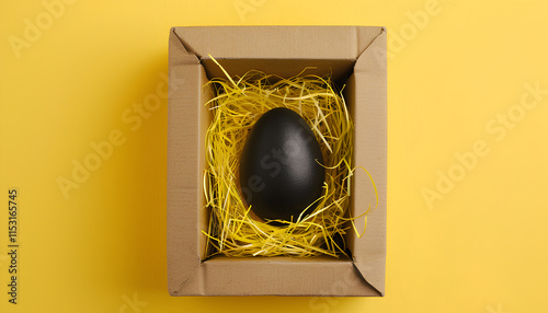 Black egg among others in box on yellow background, top view. Space for text photo