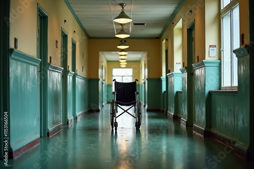 Empty wheelchair resting silently on a nostalgic hospital corridor, evoking thoughts of healing, resilience, and the passage of time in a place of care and recovery.