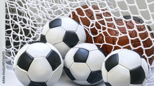 A collection of black and white soccer balls nestled in a net with a brown goal post in the background.
