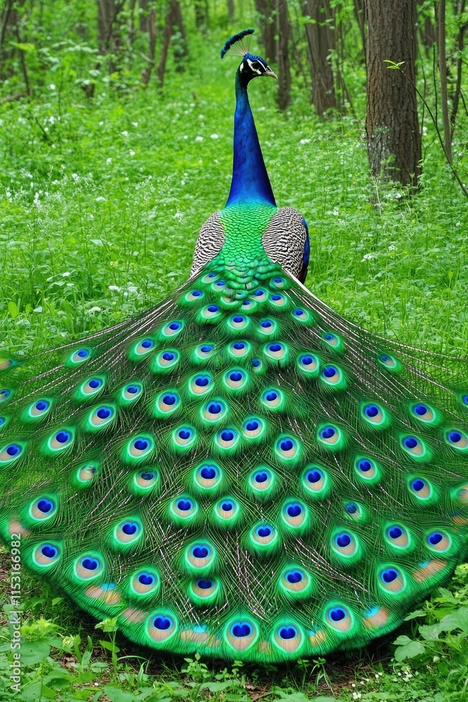 Obraz premium A majestic peacock displaying its vibrant plumage in a lush green forest setting.