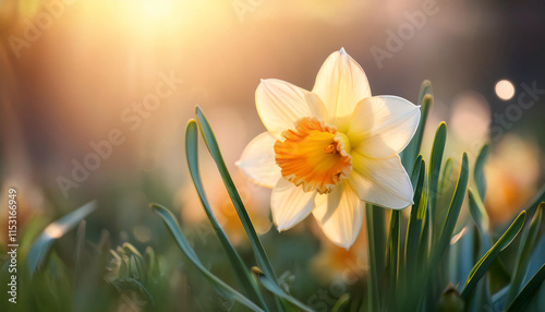 A striking daffodil stands at the center, surrounded by delicate green shoots and lively wildflowers, all bathed in warm, golden sunlight. The tranquil moment captures the essence of spring