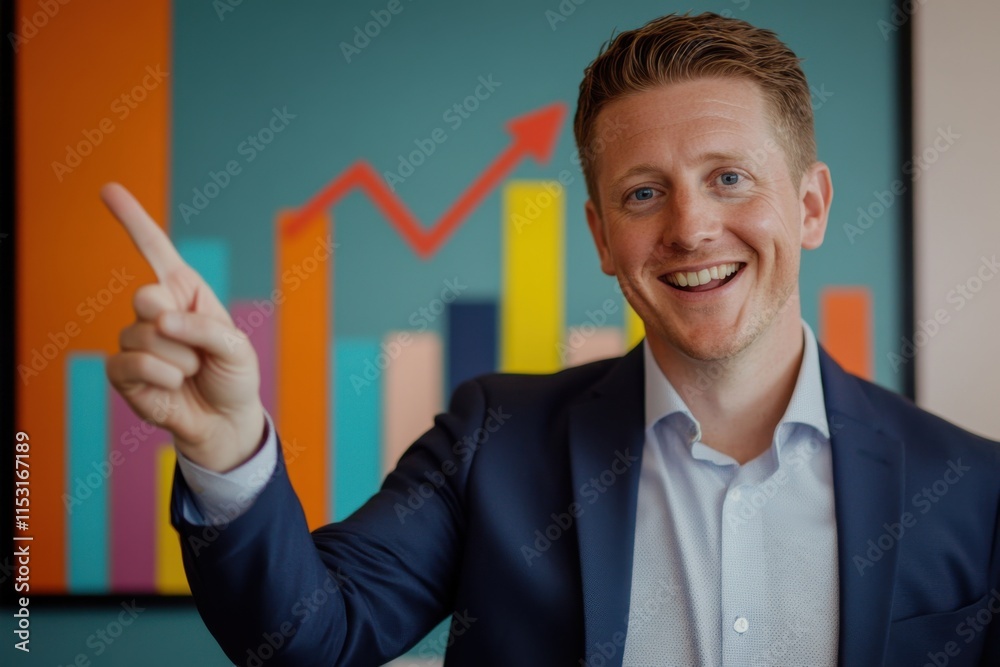 Business professional discusses growth trends in front of a colorful bar graph during a marketing strategy meeting Business professional discusses growth trends in front of a colorful bar graph during a marketing strategy meeting