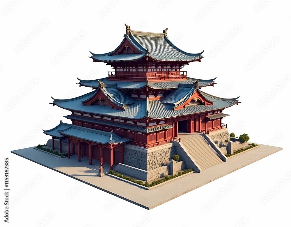 Obraz premium Illustration of japanese kingdom building architectural design, 1500s, Japanese kingdom building model, sturdy, eagle eye shot, isolated on white background