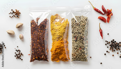 Plastic bag with spice on white background, top view