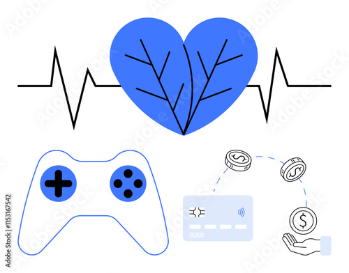 Blue heart with heartbeat line, gaming controller, digital currency exchange elements including coins, credit card, and hand receiving payment. Ideal for health, gaming, finance, technology online