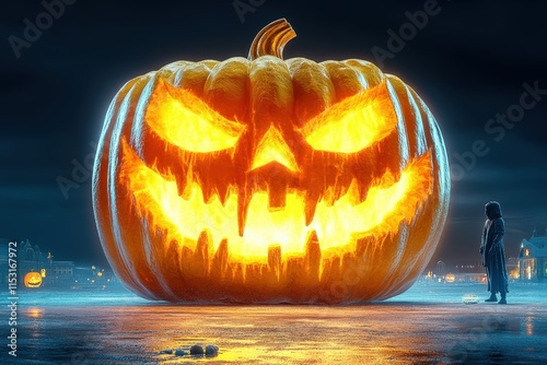 A glowing Halloween pumpkin with a menacing face illuminates the night, casting eerie shadows alongside a mysterious figure in the foreground. photo