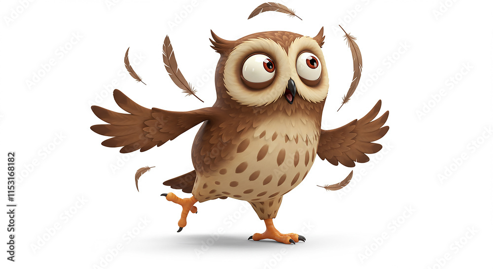 Naklejka premium Playful Cartoon Owl Feathers Flying Fun Bird Illustration