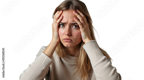 Woman with Headache and Irritated Expression Isolated on a Transparent Background (PNG).