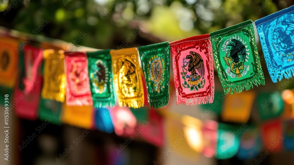 Naklejka premium Colorful Mexican Flags Hanging in the Sun