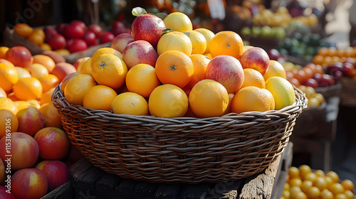 Fresh oranges and apples in wicker basket at market.