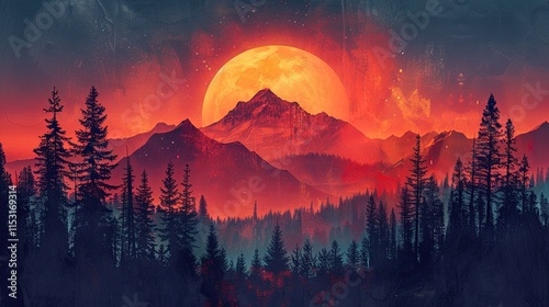 Illustration Design: A sunrise over a mountain with the text The Journey Begins